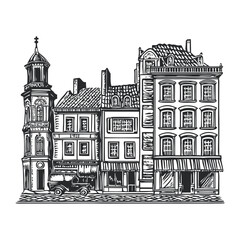 Fototapeta premium Vintage Woodcut of Urban Buildings with Classic Car in Front