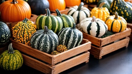Vibrant autumn harvest display of colorful pumpkins and gourds in wooden crates perfect for fall decor and festivals
