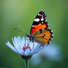 Stunning Orange and Black Butterfly on a Delicate Blue Flower in a Lush Green Garden
