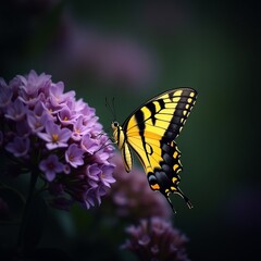 A Stunning Yellow Butterfly on Purple Flowers in a Dark Garden Setting a Beautiful Closeup Shot of Nature