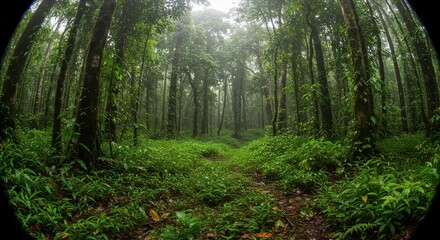 Fototapeta premium Lush Green Forest Pathway Surrounded by Dense Fog and Vegetation