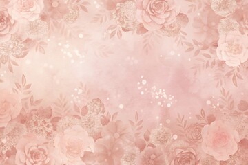 A delicate blush rose garden blooming in soft, romantic light, glistening with subtle gold accents and a dreamy watercolor wash.