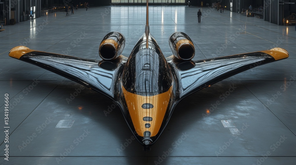 Poster this cutting edge aerospace vehicle stands poised in a spacious hangar, showcasing its sleek design 