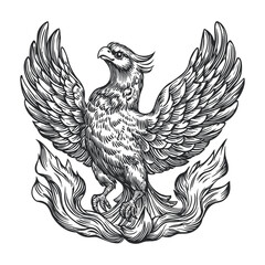 Fototapeta premium Detailed Woodcut of a Majestic Phoenix Rising from Flames