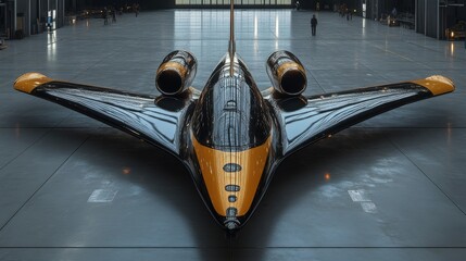 This cutting edge aerospace vehicle stands poised in a spacious hangar, showcasing its sleek design and advanced propulsion systems for future spaceflights.