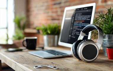 Modern workspace with laptop, headphones, and code on screen.