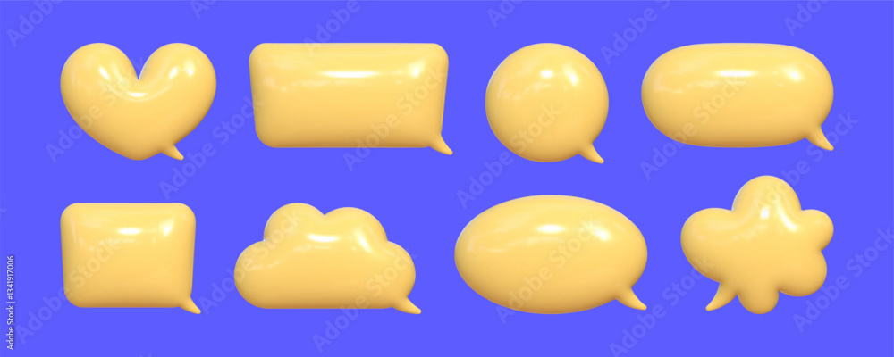 Poster collection of inflated 3d speech bubbles with reflective texture against a bright blue background sh
