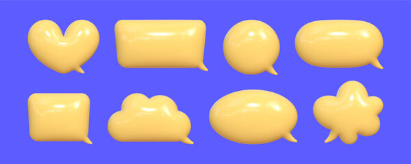 Collection of inflated 3D speech bubbles with reflective texture against a bright blue background showcasing different shapes and sizes designed for dynamic communication