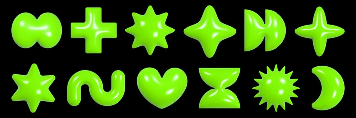 Exploring a vibrant collection of geometric 3D figures with a shiny plastic texture in a y2k aesthetic.