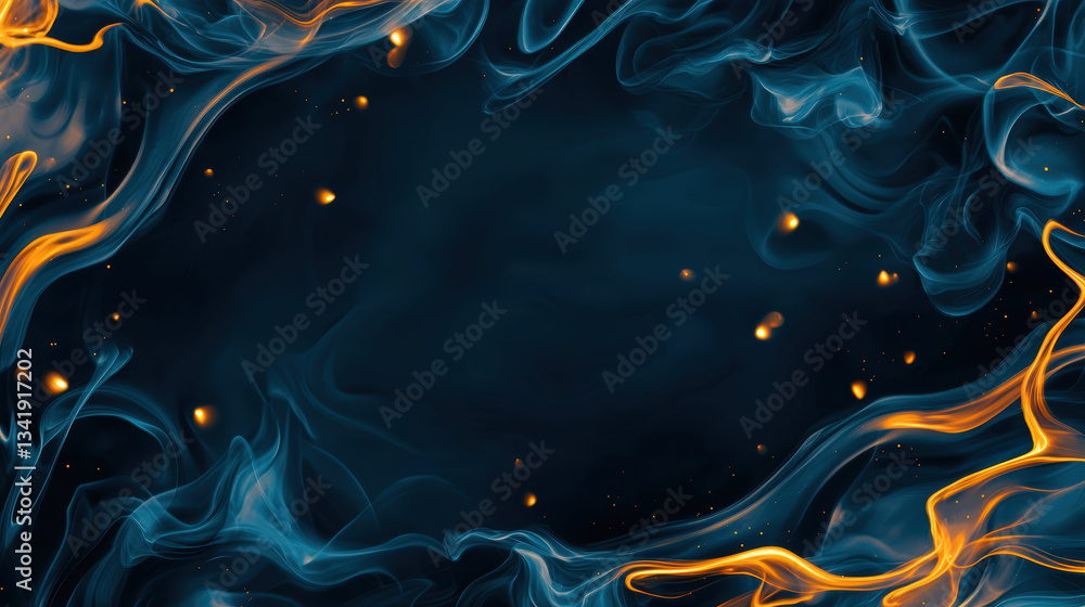 Poster elegant dark blue surface with trails of orange and blue smoke, creating mesmerizing and dynamic vis