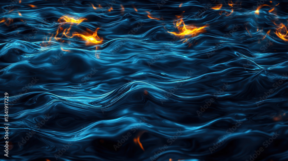 Poster mesmerizing dark blue surface with flowing waves and flickering flames, creating captivating visual 