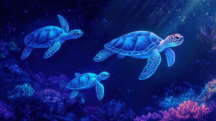 A family of sea turtles swimming gracefully underwater, surrounded by vibrant coral