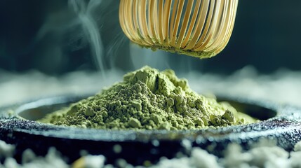 Obraz premium Finely ground matcha powder with traditional bamboo whisk emphasizing Japanese culture