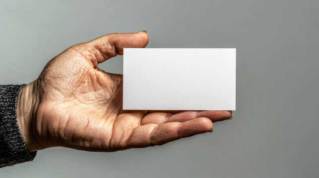 hand presenting blank business card, showcasing elegant gesture of offering. This conveys professionalism and readiness