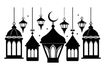 islamic eid lanterns line art silhouette vector illustration