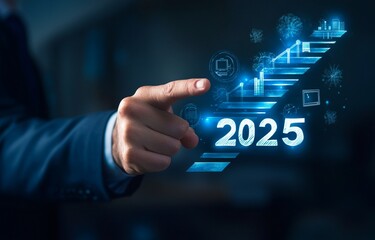 Naklejka premium Businessman hand touching numbers 2025 and planning their business to advance in coming year