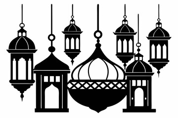 Obraz premium islamic eid lanterns line art silhouette vector illustration