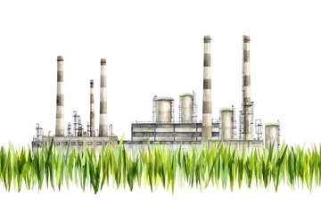 Obraz premium A detailed illustration of an industrial factory with multiple smokestacks, surrounded by vibrant, green grass.