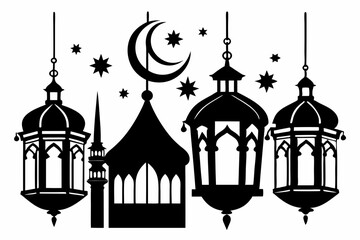 Obraz premium islamic eid lanterns line art silhouette vector illustration