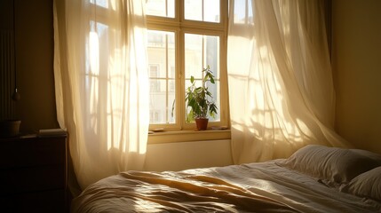 Sun-kissed tranquility: Minimalist bedroom featuring soft light and sheer curtains