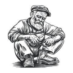 Skilled Artisan Carving Leather in Vintage Woodcut Style Illustration