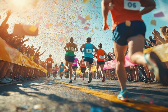 Marathon runners compete on a sunny day as crowds cheer in a shower of confetti