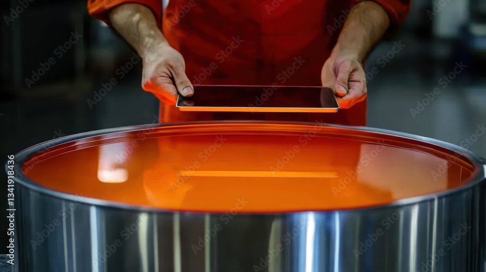 Poster quality control in a modern factory: a worker uses a tablet to monitor a glowing orange liquid in a 
