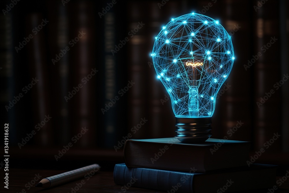 Poster connected thought: an illuminated lightbulb represents a network of knowledge and ideas