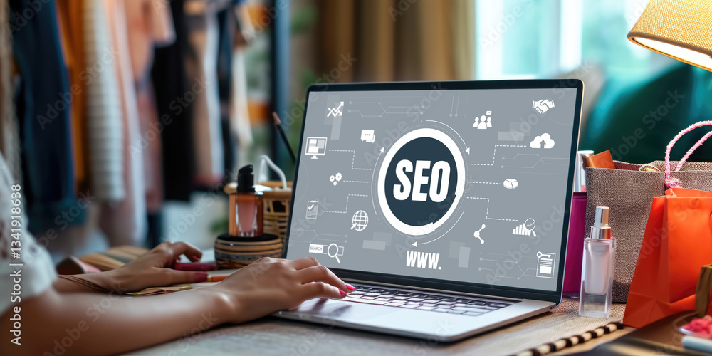 Poster seo search engine optimization for brisk e-commerce and online retail business showing on computer s
