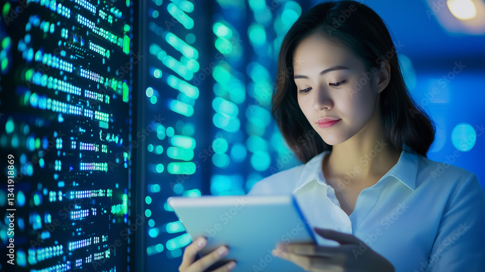Poster asian woman coding in a server room securing a network on a tablet