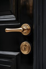 Obraz premium Luxurious black and gold door handle on a high-gloss black lacquered surface
