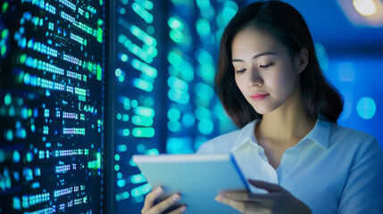 Asian woman coding in a server room securing a network on a tablet