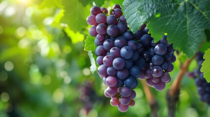 A bunch of grapes hanging from a vine in an orchard, with sunlight shining on them and green leaves