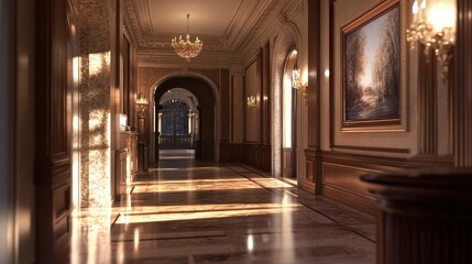 Sunlit Grand Hallway in Luxurious Mansion