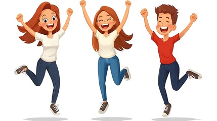 Three happy people jumping in joy.