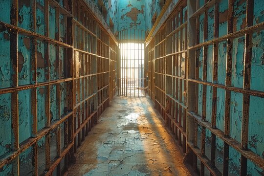 Abandoned prison corridor with sunlight streaming through rusty bars at dusk