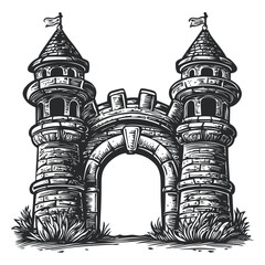 Obraz premium Intricate Woodcut Style Illustration of a Medieval Castle Entrance