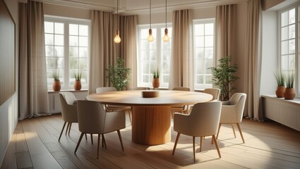 Sunlit round dining room with beige chairs