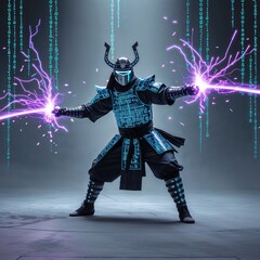 Fototapeta premium In a dynamic pose, a cyber samurai warrior unleashes bolts of lightning from his hands, surrounded by glowing digital symbols in a futuristic environment. The energy radiates an intense atmosphere