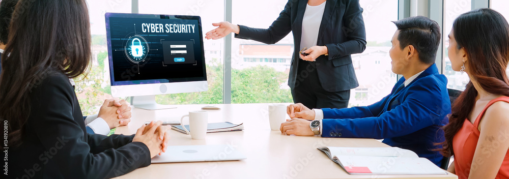 Poster cyber security system on computer screen protect private information snugly from hacker and cyber at