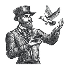 Fototapeta premium Vintage Woodcut of Man with Bird and Bowl in Hands Artwork