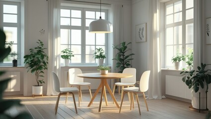 Sunny, modern dining room with plants