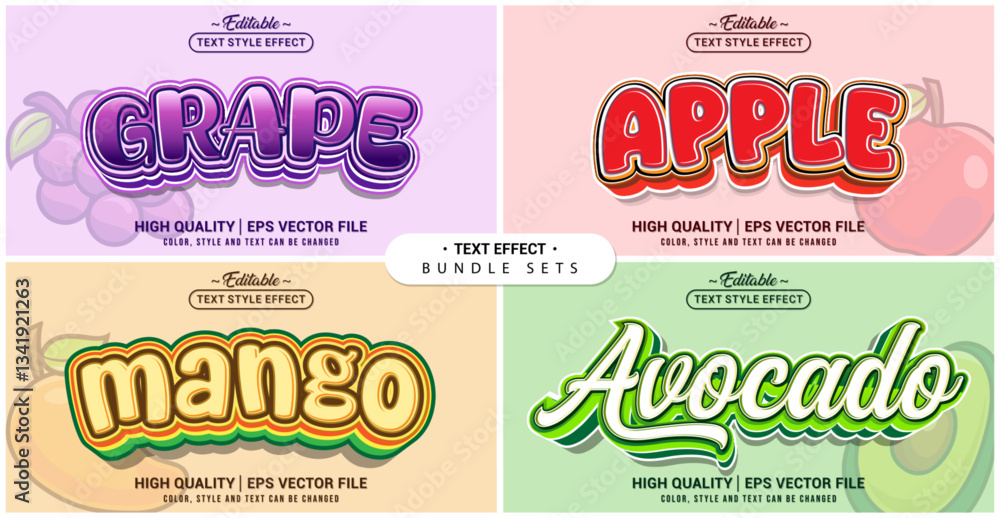 Poster Text style effect bundle set. Mix Fruit (Grape, Apple, Mango, Avocado) theme set. Vector editable file format