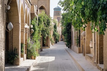Obraz premium Sunny alleyway through traditional Persian architecture with shops and vegetation