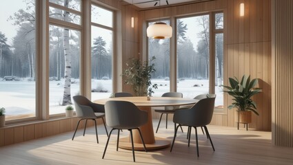 Winter dining room with snowy view