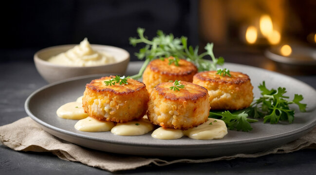 Crisp fish patties served with creamy mash reveal savory patties essence for scandinavian-inspired tables. Subtle herbs and golden color entice gastronomes seeking homemade culinary flair