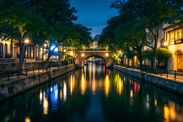 European cities reflect evening lights on rivers, illuminating bridges and historic architecture in urban panoramas