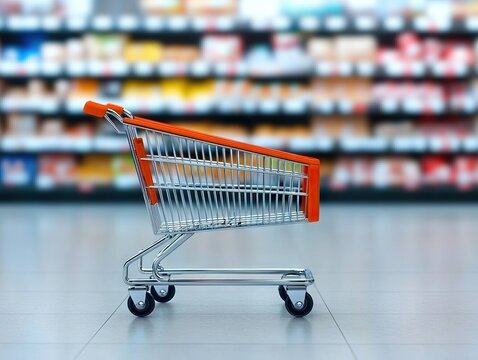 Shopping cart displayed in supermarket aisle retail space product showcase indoor environment side view