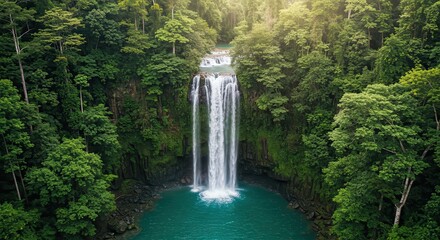 Majestic waterfall cascading into a turquoise pool surrounded by lush forest