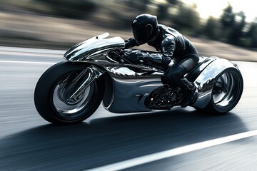 Fototapeta premium Futuristic Chrome Motorcycle: Speeding down the road with a sleek reflective design